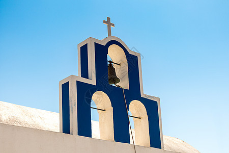 希腊典型的圣托里尼教堂Cyclades旅行圆顶粉饰旅游宗教火山蓝色火山口村庄假期图片