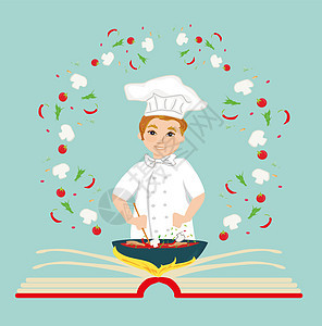 厨师持有食谱烹饪手册 摘要卡片 插图成人盘子厨房用餐平底锅蔬菜用具微笑食物姿势图片