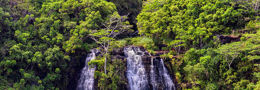 夏威夷考艾岛 Opaekaa 瀑布的美丽全景 瀑布周围郁郁葱葱的绿色热带森林图片