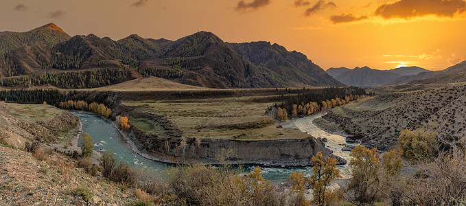 阿尔泰山脉 日落时美丽的高地秋季全景景观 黄金时段 与金黄树和河的岩石前景 美丽的金色天空和山脉作为背景 俄罗斯 西伯利亚图片