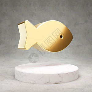 鱼图标 白色大理石讲台上闪亮的金色鱼符号图片