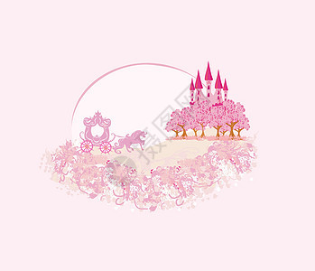马车和中世纪城堡  粉红艺术卡历史幻想曲天空王国月亮树木插图绘画卡通片夹子图片