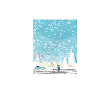在冬季风景下铲雪的人薄片情况天气季节别墅城市插图风险运输交通图片