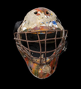 黑底黑底的旧曲棍球头盔死亡缺口闲暇艺术滑冰游戏冰球安全面具团队图片