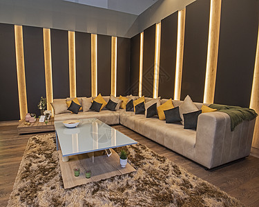 豪华公寓客厅室内设计设计长椅玻璃房间椅子灯带风格茶几装饰软垫地面图片