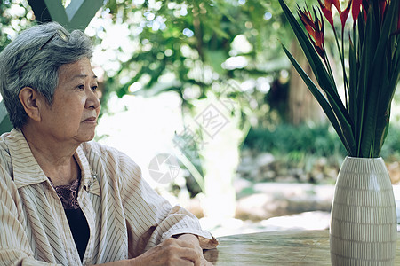 老年妇女在花园休息 老年女性在户外放松女士公园闲暇退休花园长老背景图片