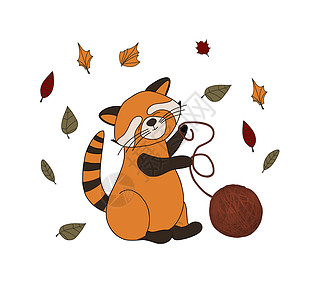 在白色背景上隔绝的秋季成分 秋色贴纸 可爱的动物 红熊猫尾巴卡通片婴儿荒野乐趣手绘收藏猫头鹰橙子狐狸图片