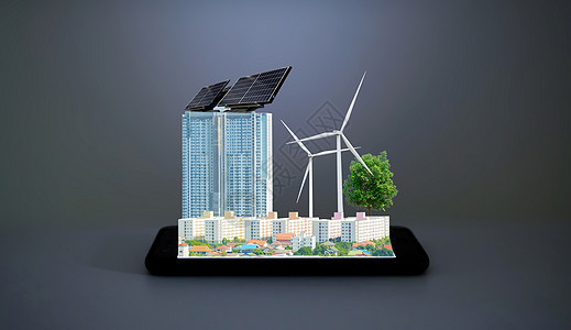 太阳能电池和风力涡轮机在城市中的清洁能源图片