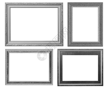 银色图片框设置在白色背景上隔离古董正方形艺术空白摄影边界木头照片绘画图片