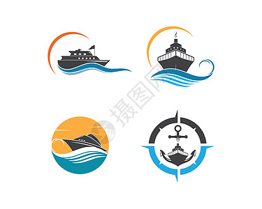 Logo 试样板矢量图示设计船舶乘客旅游汽船蓝色海浪罗盘插图海军驳船图片