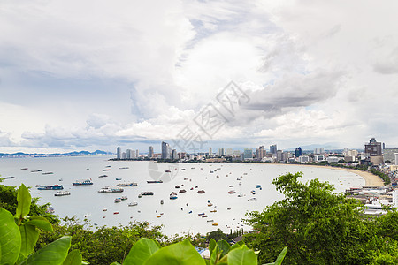 星空大海帕塔亚市鸟眼观察点热带海滩阳光假期港口全景建筑学日落海洋旅游背景