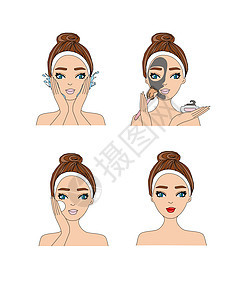 清洁和照顾女孩的脸奶油洗涤面具泡沫皮肤毛巾女士按摩治疗脚步图片