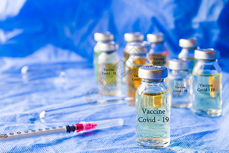 Corona病毒和Covid  19种安普莱斯新疫苗 不同品种的疫苗情况背景实验室流感感染医院药理蓝色治疗用品图片
