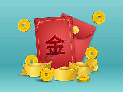 中国安格帕奥 金硬币和前绿色背面的铜笔财富文化金融节日剪纸问候语商业风水新年传统图片