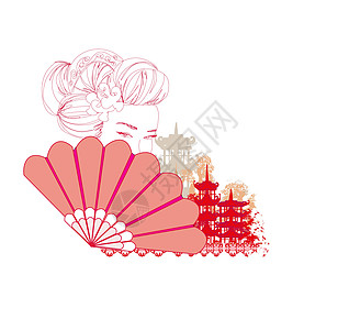 持有传统风扇抽象卡的亚洲女孩扇子植物天空宝塔寺庙艺妓艺术涂鸦建筑文化图片
