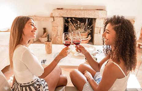 两位年轻的混血美女在家里举着红酒杯敬酒 — 微笑的女性朋友坐在沙发上看着对方 在优雅的客厅里庆祝多样性图片