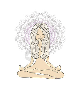 瑜伽女孩在莲花位置女士平衡锻炼数字冥想治疗涂鸦插图头脑头发图片