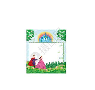 美丽的王子和公主 在花园的花园中 框架绘画植物蝴蝶圆圈男生大厦女孩女士城堡插图图片