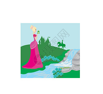 美丽的年轻公主亲吻一只大青蛙长袍天空男生裙子王子男人城堡童话建筑女孩图片