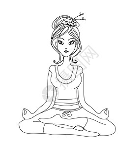 沉思的女孩瑜伽女孩在莲花位置 孤立的手工绘画插图插画