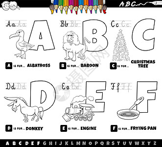 从A到F的教化卡通字母缩写 调色波语言英语学习填色首都孩子们卡通片引擎黑与白字体图片