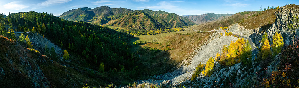 秋天的山峰和阿尔泰山丘 全景照片远景山脉风景远足蓝色假期爬坡投标旅行旅游图片