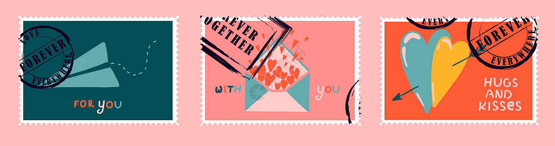 浪漫的邮票 情人节的信封和卡片 自上而下的视图 用于网页设计和印刷的现代矢量插图 复古邮票 信函和邮政投递概念邮戳投资邮局翅膀寂图片