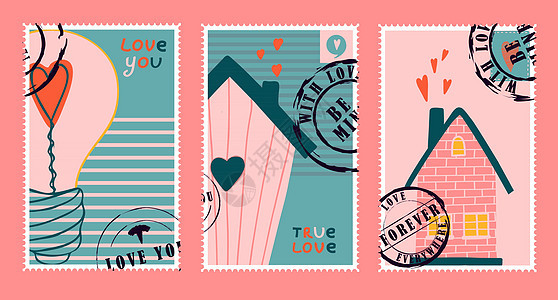 浪漫的邮票 情人节的信封和卡片 自上而下的视图 用于网页设计和印刷的现代矢量插图 复古邮票 信函和邮政投递概念海豹感情情怀宏观情图片