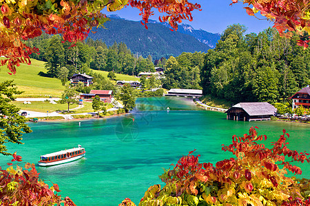 科尼格西阿尔卑斯山湖海岸线视图蓝色高山旅行场景建筑学建筑旅游全景池塘爬坡图片