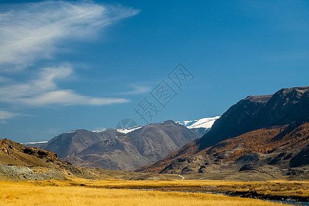 阿尔泰山和两山之间的峡谷的自然景观 以及那座山的景象急流石头环境荒野旅行栅栏冒险木头树木地质学图片