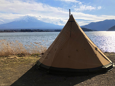 日本川口子湖富士山风景露营场天空野营日落探索太阳假期旅游公吨蓝色风景图片