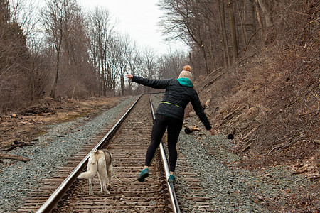汉密尔顿安大略 2020年3月24日 一名妇女与她的狗一起在火车上行走的编辑照片情怀旅行骑术平衡学生孤独冒险寂寞青年小路图片
