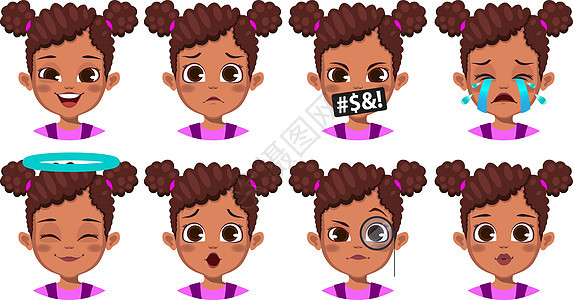 具有不同面部表达式的非洲可爱女孩表情卡通片女性黑色符号快乐插图乐趣化身喜悦图片