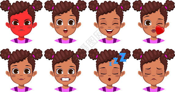 具有不同面部表达式的非洲可爱女孩发型喜悦卷发孩子收藏女性情感黑色表情插图图片