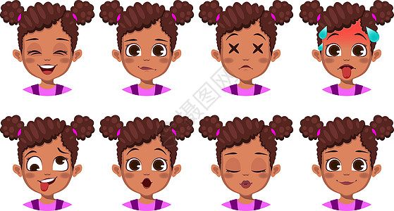 具有不同面部表达式的非洲可爱女孩孩子快乐卷发插图乐趣化身喜悦卡通片女性收藏图片