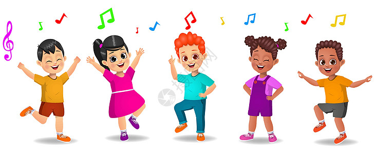 可爱的小孩一起跳音乐卡通片快乐派对微笑男孩们舞蹈插图学生唱歌女性图片