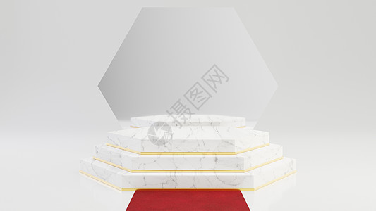 六角形大理石基座台阶 带圆形金框 带镜子 白色背景上隔着红地毯图片