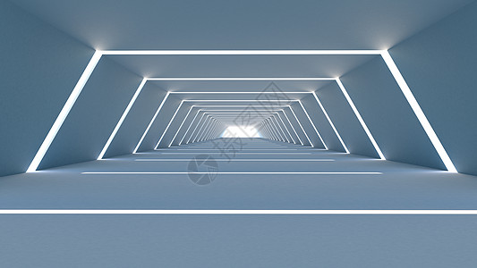 3d 在大大厅里将抽象化蓝色反射技术隧道六边形地面房间走廊墙纸科学图片