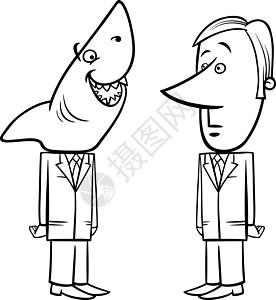 鲨鱼和青年商务人士黑白卡通 黑人和白人图片