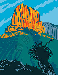 瓜达卢佩山国家公园与埃尔卡皮坦峰得克萨斯州美国 WPA 海报艺术科洛图片