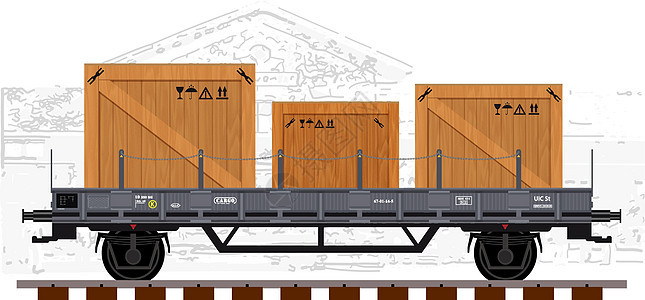 它制作图案详细的铁路货车矢量运动送货运输商品船运木头加载过境板条箱火车图片