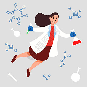 女性化学科学家性格漂浮 Imaginativ外套女孩药品好奇心眼镜研究实验药水实验室职业图片
