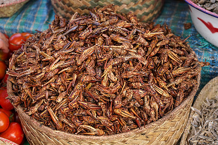 马达加斯加街头食品市场展示的干炸蚱蜢或蝗虫图片