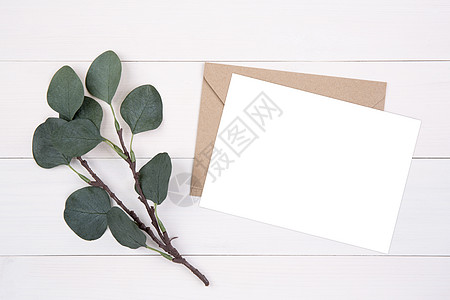 空白纸张复制空间 木桌上有模型和叶子 卡片 海报和信封 明信片装饰您的设计或品牌 简单和最小 没有人 平躺 顶视图写作树叶场景作图片