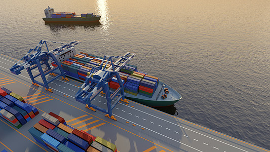 港口起重机在港口的一艘货轮上装载集装箱 高视距 数字3D转换船运空间贮存贸易加载航海后勤货物血管高架背景图片