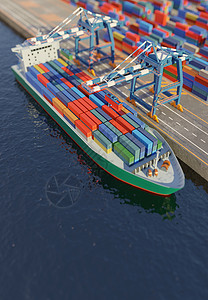 港口起重机装载集装箱装在港口的一艘货轮上 高视率和倾斜式转换效应 数字3D转化为低聚体图片