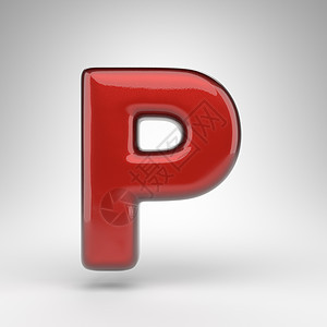 白色背景上的大写字母 P 具有光滑金属表面的红色汽车油漆 3D 字母背景图片