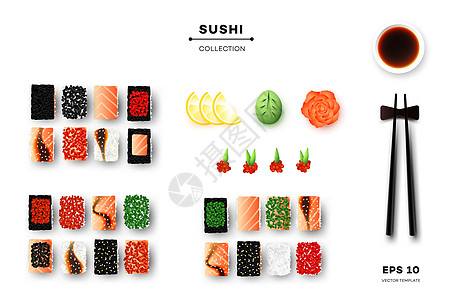 美食矢量不同的寿司和酱汁的集合 促销模板 顶视图矢量食品设计背景