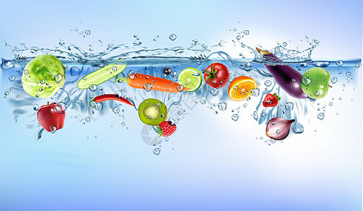飞溅入蓝色清楚的水飞溅的新鲜蔬菜全景甜点水果海浪营养液体气泡橙子饮食热带图片