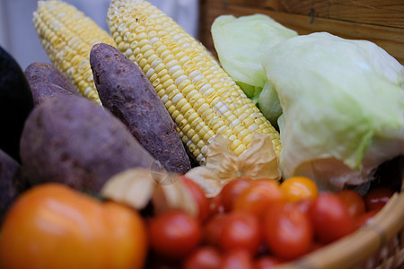 玉米 紫甜土豆 西红柿 生菜和篮子里的鹅莓食物柳条紫色收成农场醋栗收获蔬菜图片